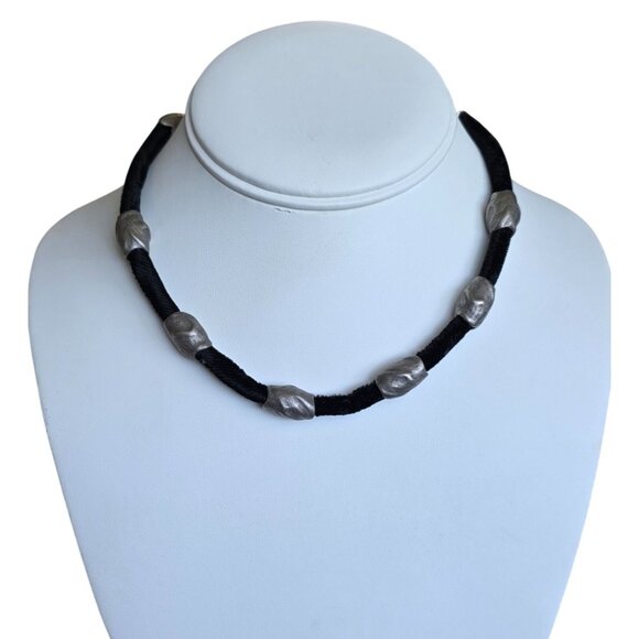 Vintage 90s Collar Choker Necklace Signed Black Velvet Y2k Beaded Retro Silver - Picture 1 of 8